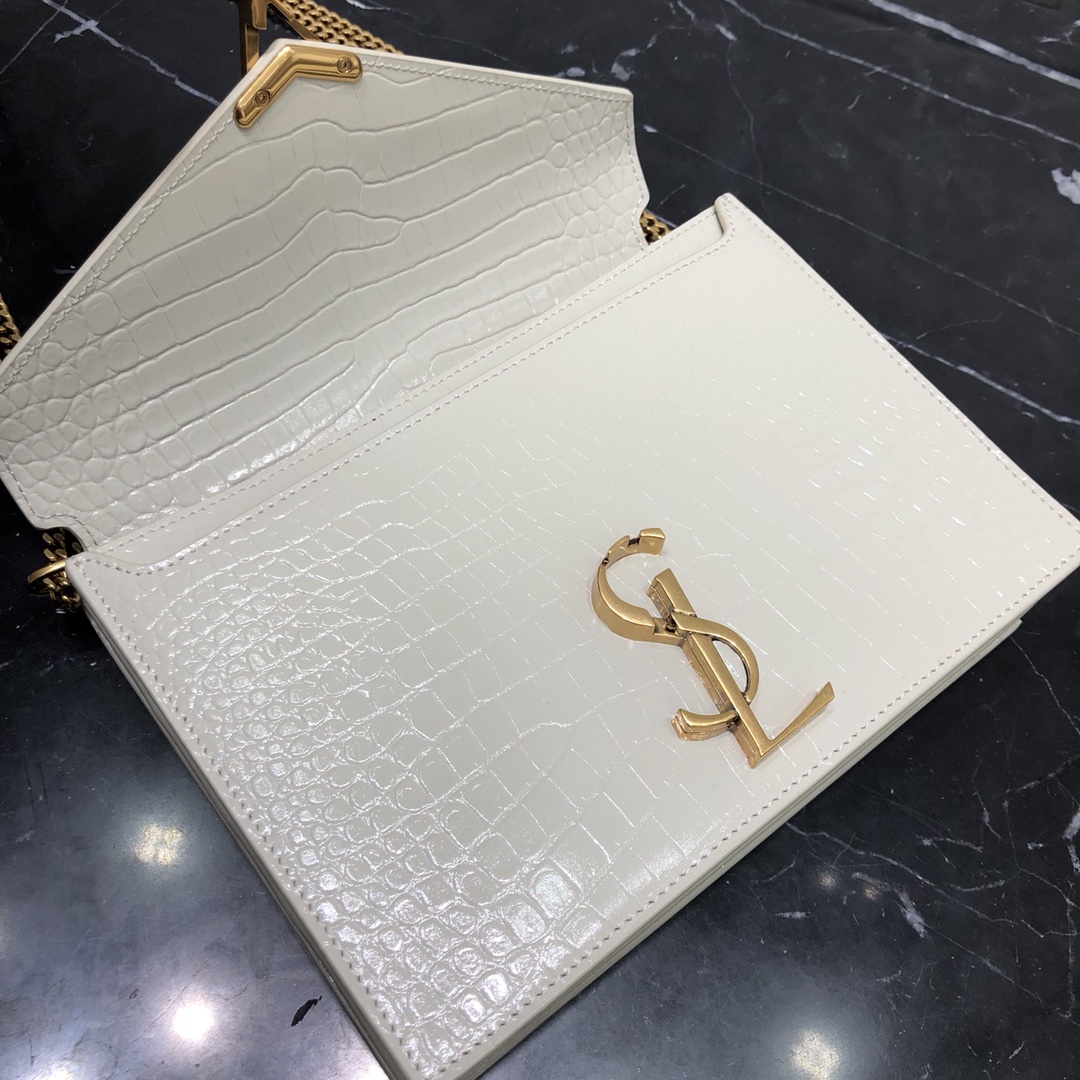 Saint Laurent Cassandera Medium Crocodile Embossed Bright Calfskin Shoulder Bag White 532750